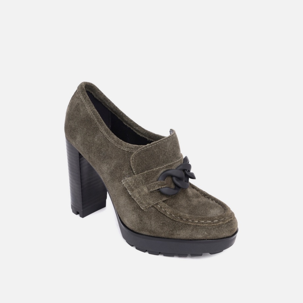 Kenneth Cole New York Justin Lug High Heel Loafers Khaki Suede Size 11 240356